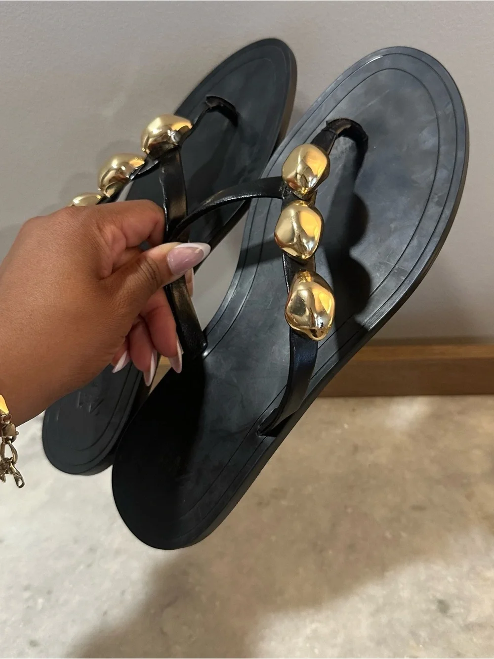 Zara Black Flip Flop Sandals with Gold Accent - Picture 3 of 5